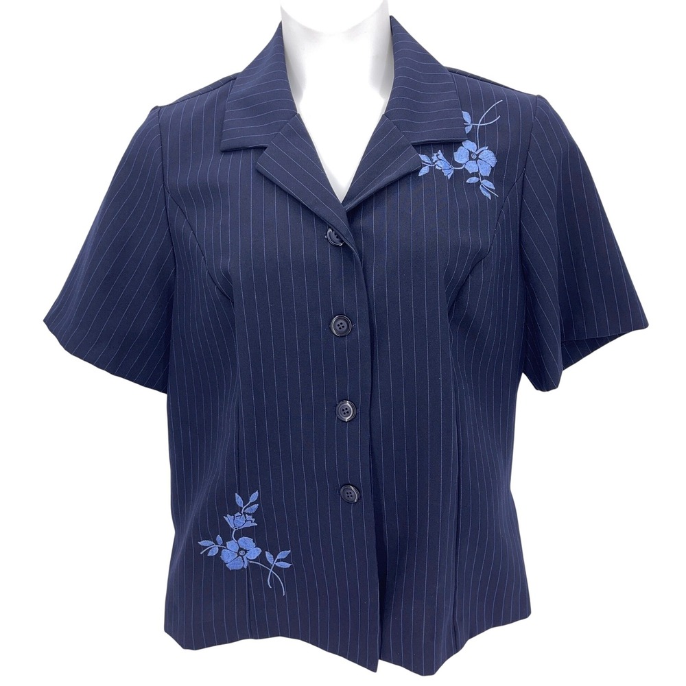 Vtg Kari's Korner Navy Pinstripe Floral Embroidered Short Sleeve Button Up 18W